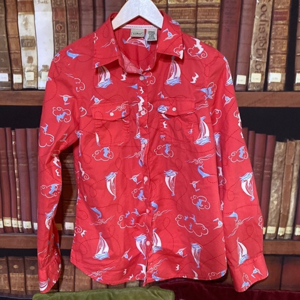 L.L. Bean Coral SailBoat Design Button Down‎ Shirt Roll Sleeve